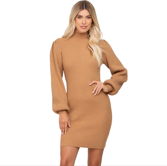 Vici Dresses & Skirts - Beige Mock Neck Knit Sweater Dress
